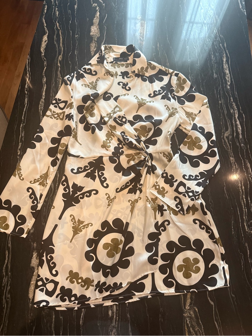 Mango Cream Wrap Trench Coat with Black & Gold Print